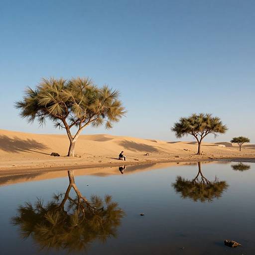 Photograph of a serene desert landscape with two acacia trees reflected in a calm water pool, a person standing nearby, under a clear blue sky.