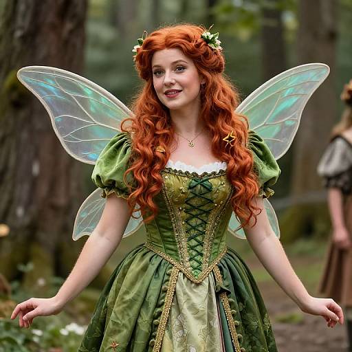 Photograph of a fair-skinned, red-haired fairy with long curls, green dress, corset, and translucent wings, smiling in a forest.