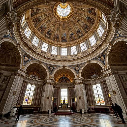 Photograph of an ornate, domed interior with intricate frescoes, large stained-glass windows, marble columns, and a circular mosaic ceiling.