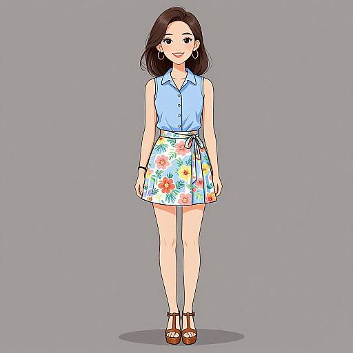 Digital illustration of a smiling Asian woman with shoulder-length black hair, wearing a light blue sleeveless shirt, floral skirt, brown sandals, and hoop earrings
