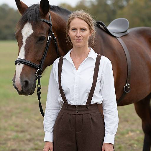 Photograph of a blonde woman in white shirt and brown pants standing beside a dark brown horse with a white blaze in an outdoor field.