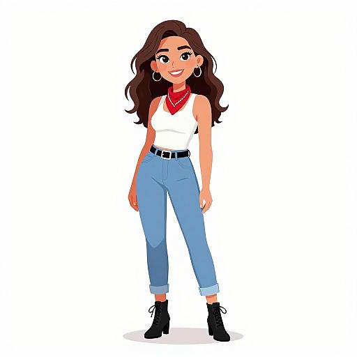 Digital illustration of a smiling young woman with long brown hair, wearing a white sleeveless top, red scarf, blue cuffed pants, black belt,
