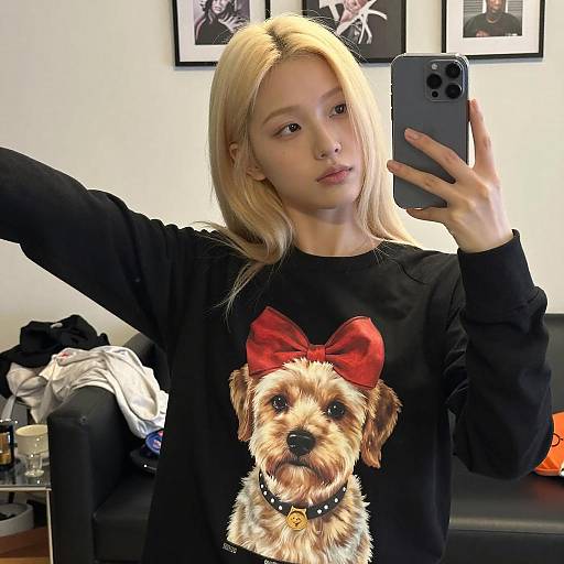 Blonde Woman Mirror Selfie with Dog Shirt