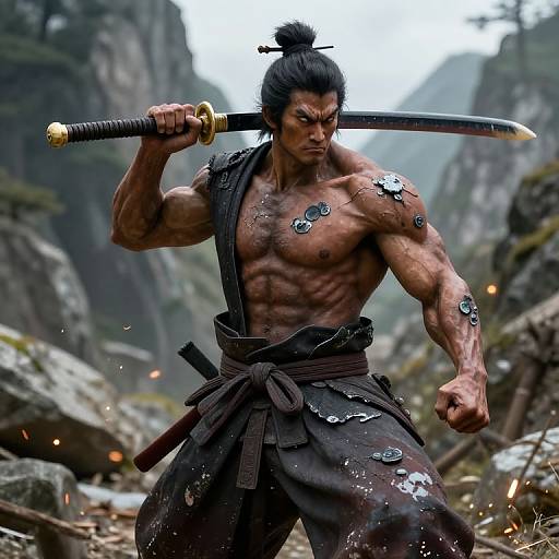 Digital art of a muscular, topless samurai with dark hair in a topknot, wearing torn black pants, holding a sword, amidst a