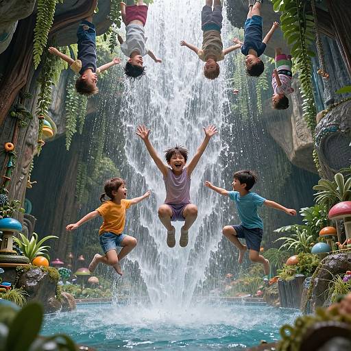 Photograph of six children joyfully jumping off a waterfall in a lush, whimsical jungle-like setting with vibrant plants and colorful mushrooms.