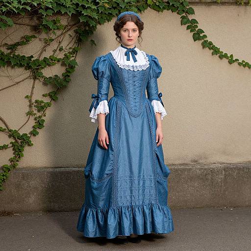 Photograph of a pale-skinned woman with dark brown hair, wearing a Victorian-style blue dress with white lace collar and cuffs, standing against a beige