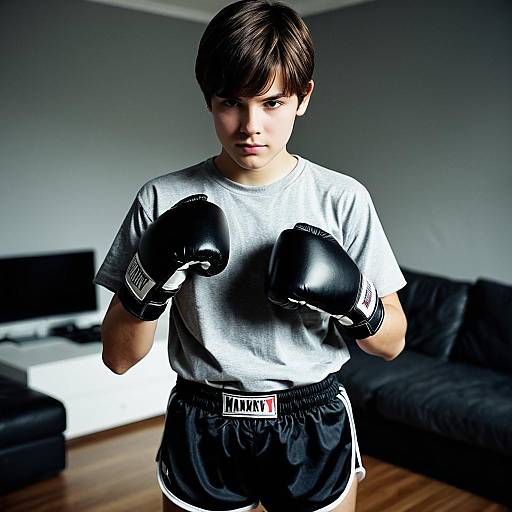 Young Boy Wearing Boxing Gloves Indoors