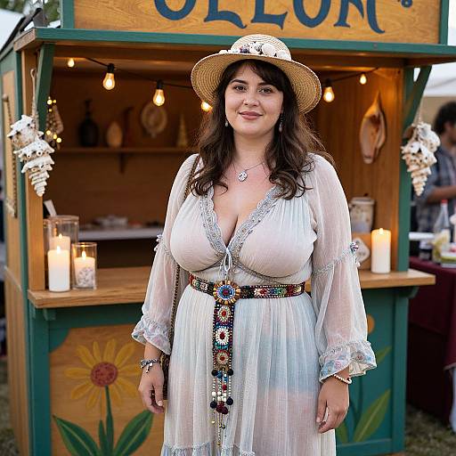 Photograph of a smiling woman with large breasts, wearing a white lace dress, colorful belt, and straw hat, standing in front of a wooden food