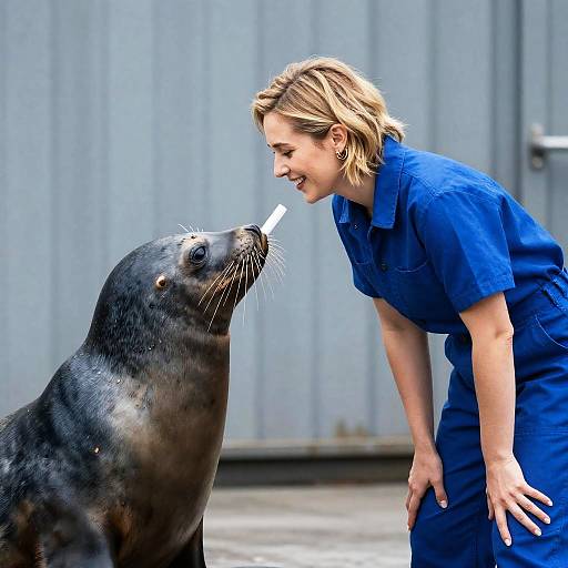 Woman Interacting with Seal Holding White Object