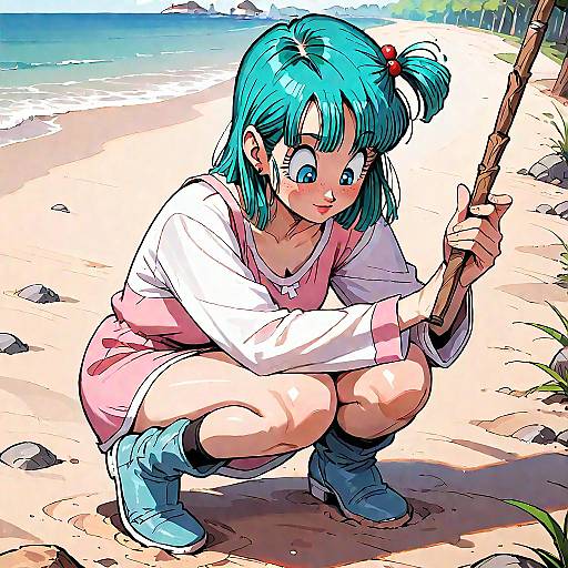 Digital anime-style drawing of a blue-haired girl with wide eyes, squatting on a sandy beach, holding a stick, wearing a white shirt, pink