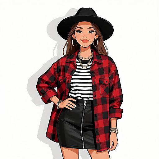 Digital illustration of a confident woman with long brown hair, wearing a black hat, red plaid shirt, black and white striped top, black skirt,