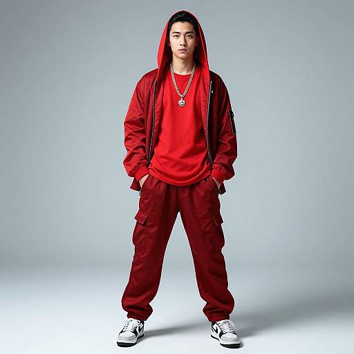 Photograph of an Asian man with medium skin tone, black hair, wearing a red hoodie, red pants, jacket, necklace, and white sneakers,