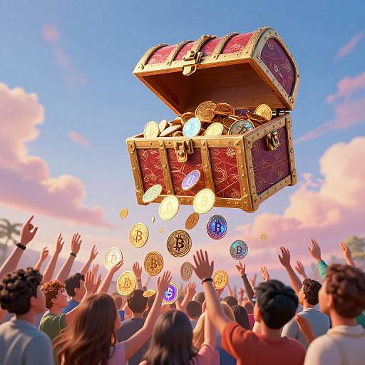 Crypto Treasure Chest Descending Over Crowd