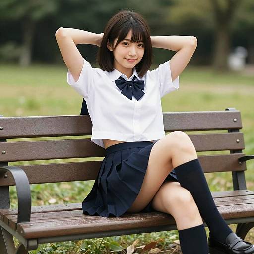 Japanese Schoolgirl in Uniform Sitting on Park Bench