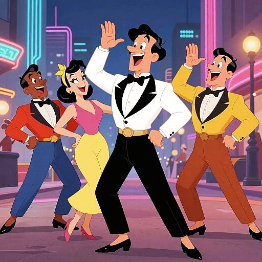 Cartoon image of four dancing characters in 1950s-style suits and dresses, raising hands, in a neon-lit city street at night.