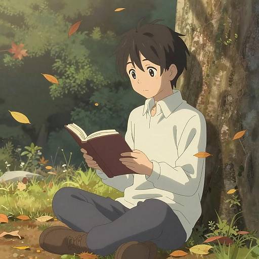 Anime-style illustration of a young boy with black hair, sitting cross-legged under a tree, reading a book with autumn leaves falling around him.