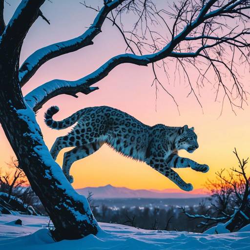 Snow Leopard Jumping at Sunset