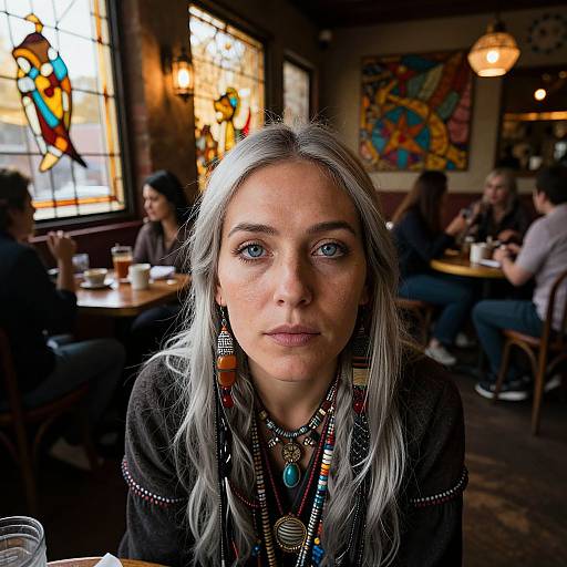 Photograph of a silver-haired woman with blue eyes, wearing intricate jewelry, seated in a dimly lit, colorful café with stained glass windows and patrons