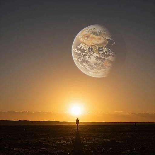 Photograph of a silhouetted person standing on a flat, dark landscape at sunset, with a massive, detailed Earth hovering in a glowing,
