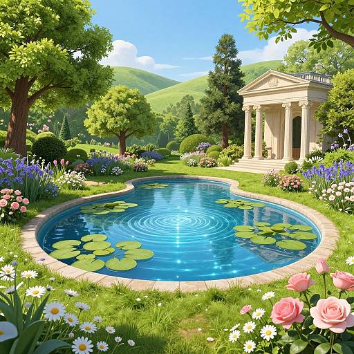 Photorealistic digital illustration of a serene garden pond with lily pads, surrounded by vibrant flowers and a classical temple. Sunlit, lush greenery