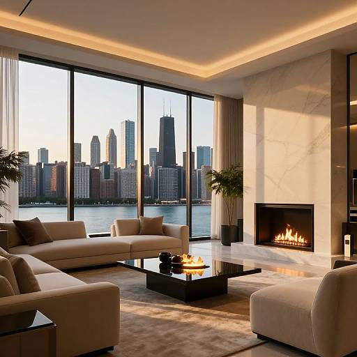 Modern living room photograph with beige sofas, glass fireplace, city skyline view through large windows, illuminated ceiling, and central fire pit.