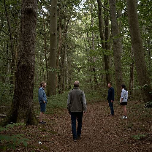Photograph of five people walking in a dense, green forest; four stand in a circle while one walks away, tall trees surround them, sunlight filters