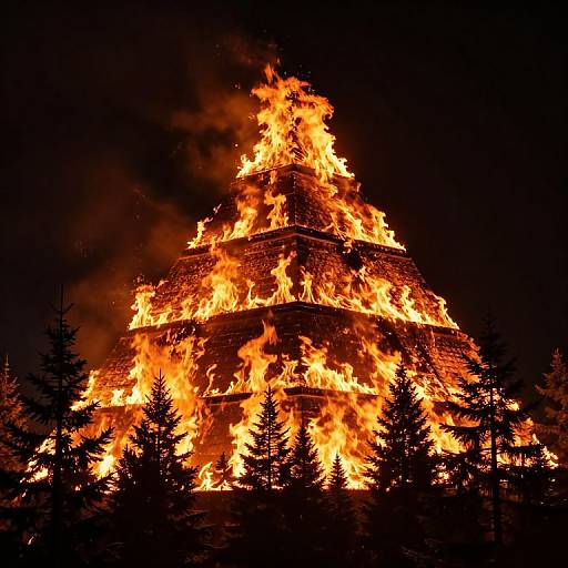 Photograph of a towering stone structure engulfed in bright orange flames, with dark silhouetted trees in the foreground against a black night sky.