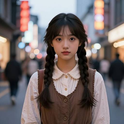 Photograph of an East Asian girl with long black braided hair, wearing a white blouse and brown pinafore, standing in a vibrant, blurred