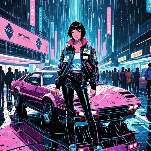 Futuristic Anime Style Car Show with Pilot Jacket Model