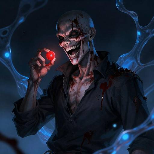 Bloodied Grinning Humanoid Holding Red Relic