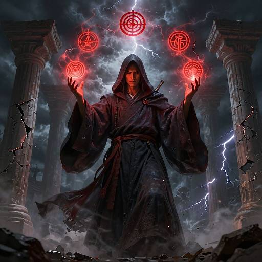 Mysterious robed figure with glowing red magical circles, lightning, and broken columns in stormy, dark background. Digital fantasy art.