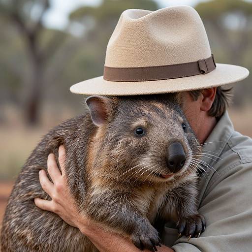 Photograph of a man in a beige fedora, hugging a large, dark-furred marsupial with a black nose, in a blurred
