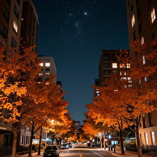 Nighttime urban street photograph with glowing orange autumn leaves, starry sky, lit windows in tall buildings, and bright streetlights.