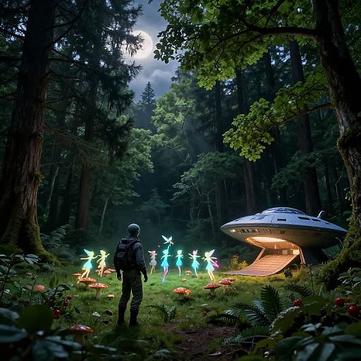 Photorealistic digital artwork of a lone hiker in a dark, moonlit forest, surrounded by glowing blue and green fairy lights, and a futuristic