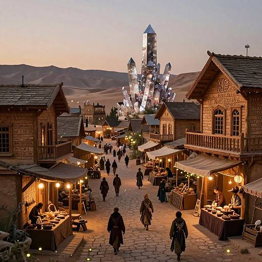 Photograph of a bustling evening market in a rustic, desert town with wooden buildings, illuminated stalls, people walking, and a futuristic tower illuminated in the