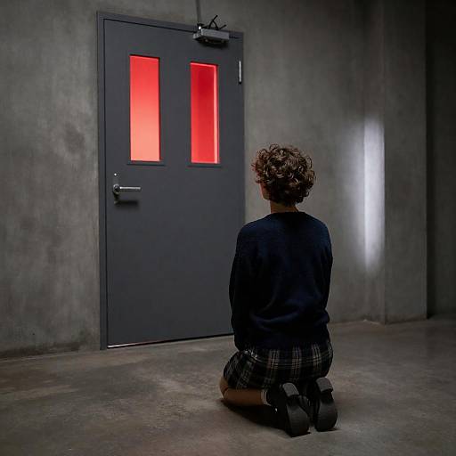 Young Figure Kneeling Before Glowing Door