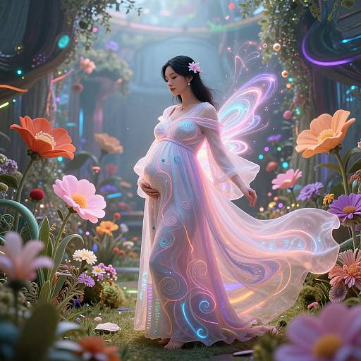Surreal Hyperpregnant Woman in Futuristic Garden