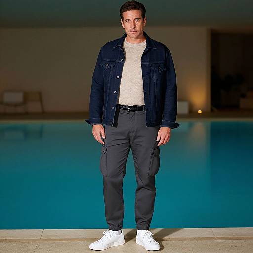 Photograph of a handsome man with short dark hair, wearing a navy denim jacket, beige sweater, black pants, and white sneakers, standing by a