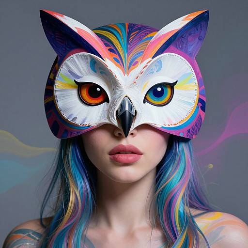 Photorealistic portrait of a woman with long, colorful hair wearing a vibrant, owl-themed mask with large, multicolored eyes, against a gray