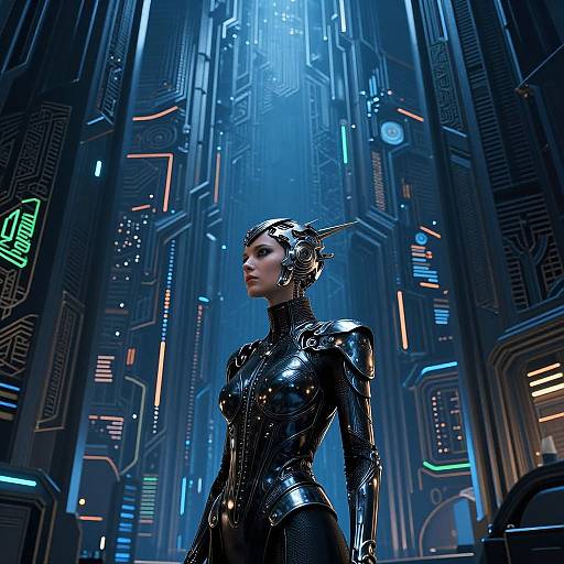 Digital artwork of a futuristic female warrior in a glossy black, armored suit with a cybernetic headpiece, standing in a neon-lit, high