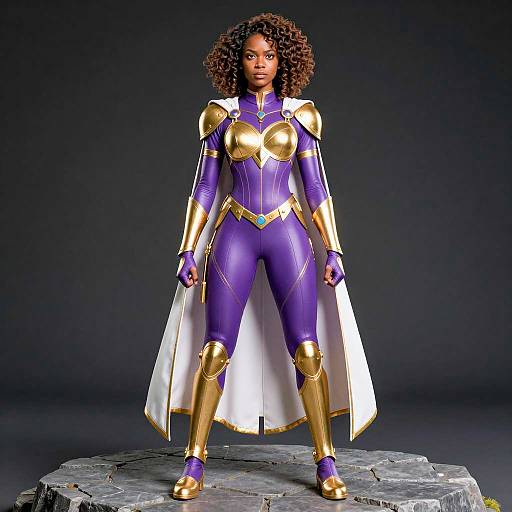 Black Woman in Purple and Gold Superhero Costume