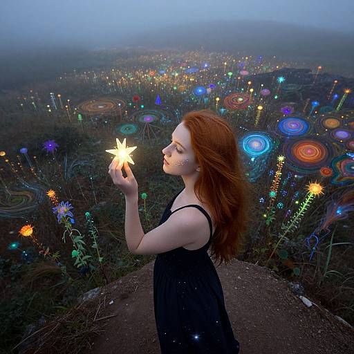 Photograph of a red-haired woman in a black dress, holding a glowing star, standing on a dirt path in a foggy, colorful, surreal