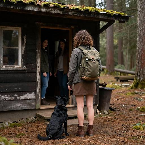 Woman in Gray Jacket at Forest Cabin