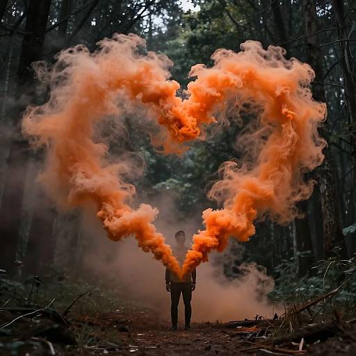 Photograph of a person in a dark forest, standing and creating a heart-shaped cloud of bright orange smoke with a torch.