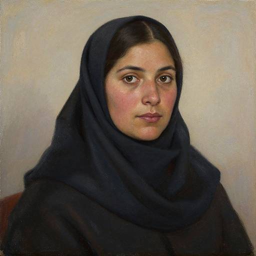 Realistic oil painting of a young woman with dark skin, large brown eyes, and a serious expression, wearing a black headscarf against a plain