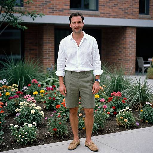 Photograph of a smiling, medium-build man with short dark hair, wearing a white button-up shirt, olive shorts, and tan loafers, standing