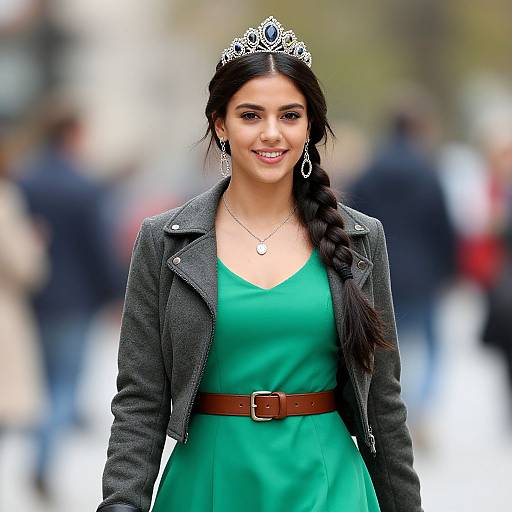 Photograph of a smiling woman with long black braided hair, wearing a silver tiara, green dress, brown belt, gray jacket, and silver