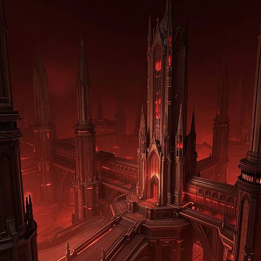 Digital artwork of a dark, gothic cathedral cityscape at night, bathed in eerie red light, with towering spires and intricate architecture.