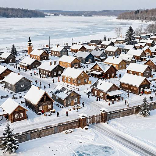 Snowy Wooden Town by Frozen Lake