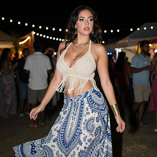 Photograph of a confident woman with medium brown skin and dark hair, wearing a white fringe crop top and blue patterned skirt, gold bracelets, and